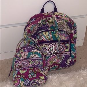 Vera Bradley backpack, lunch bag, and lanyard